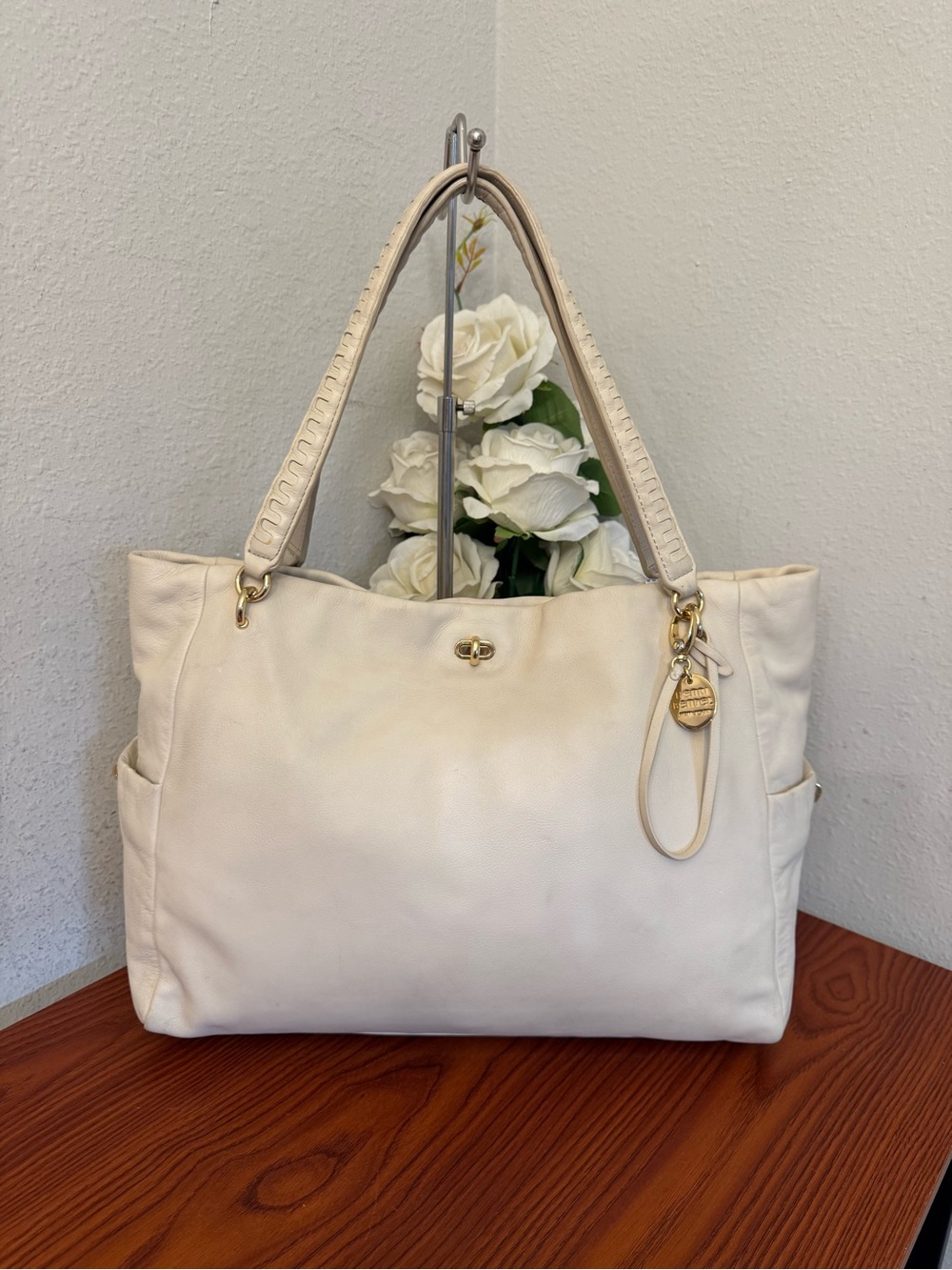 henri bendel Ivory Leather Tote with Gold Hardware